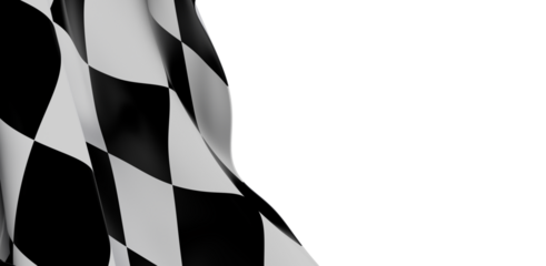 Close up of a waving black and white checkered racing flag on a white background, representing finish line, speed, and victory. Ideal for sports