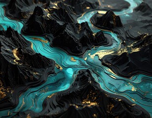Abstract landscape; teal river flows through dark jagged peaks