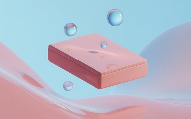 Pink cosmetic case with bubbles floating around on abstract background
