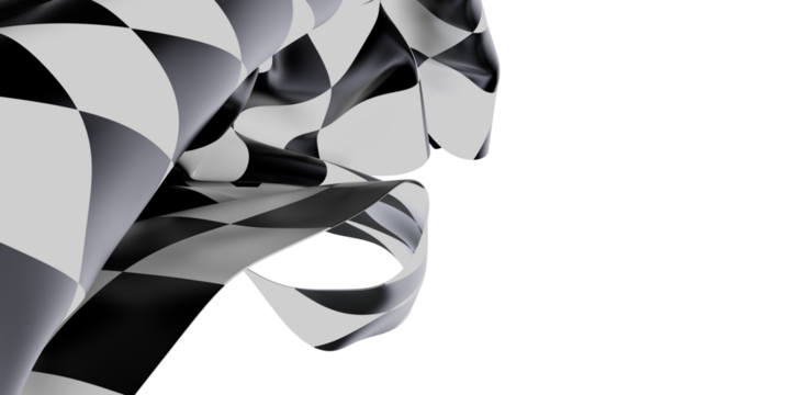 Close up of a checkered racing flag flowing, isolated against a white background. Symbol of victory, speed, and competition. Suitable for motors