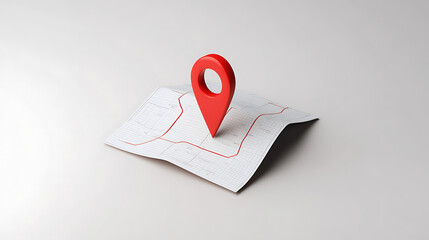 A stylized red location pin sits atop a folded map with grid lines and red routes, all on a clean, neutral background.