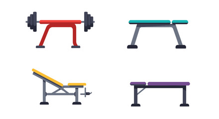 Fitness equipment set including weightlifting benches and barbell illustration