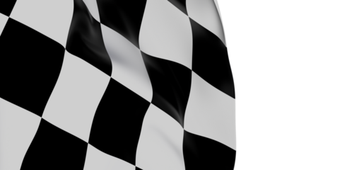 Close-up of a checkered racing flag waving in the wind isolated on white. The image is perfect for motorsports, speed, competition, and winning