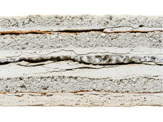 Layered geological sample with a vein of white crystals on a transparent background