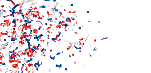 Festive confetti background with red, white, and blue ribbons and dots. Perfect for celebrations and holidays.
