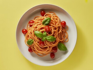 Top view of spaghetti with tomato sauce and basil on a plate