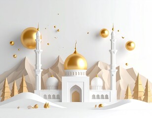 White mosque model with golden domes & floating gold spheres