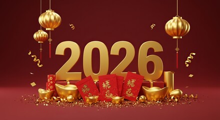 Naklejka premium Chinese new year 2026 celebration with gold decorations and red envelopes