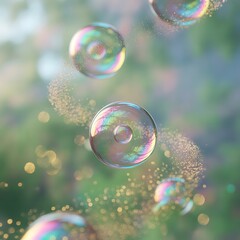 Closeup of iridescent soap bubbles floating in the air outdoors