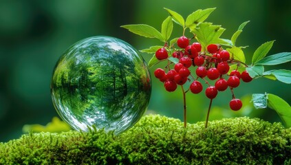 Forest reflection in glass orb with red berries