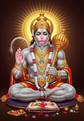 Obraz premium Hindu deity Lord Hanuman seated in meditation with mace and divine aura.