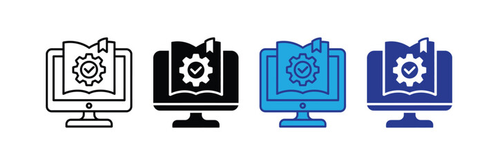 Computer monitor displaying an open book with a gear and checkmark icon, representing digital learning, technical documentation, or online education, isolated on transparent background
