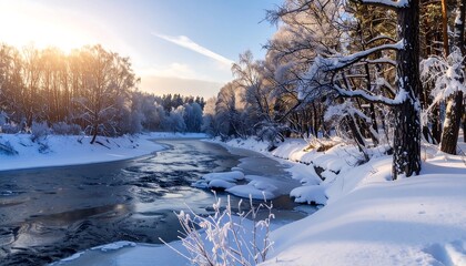 Winter river sunrise panorama