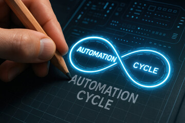 Automation cycle with glowing infinity symbol inspires endless innovation through sketching drawing and dynamic process design