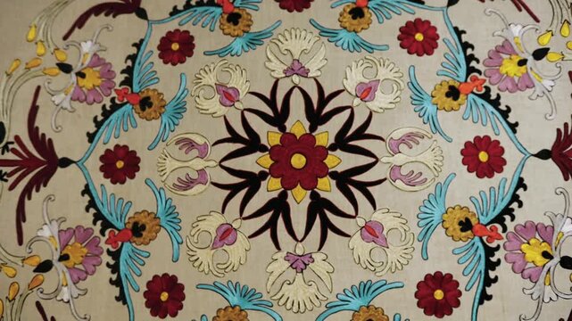 Traditional Uzbek Suzani textiles on display at the Applied Arts Museum in Tashkent, showcasing vibrant embroidery patterns and cultural heritage 