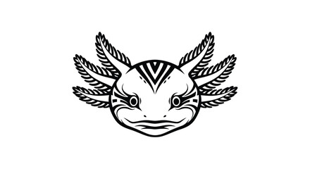 Black and white axolotl head illustration with tribal markings