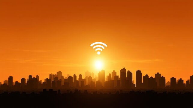 Sunset skyline with wireless connectivity symbol over silhouette of urban cityscape in warm orange and yellow tones
