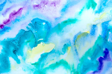 Real Hand Drawn Watercolor Blue and Green Wet Spots Background