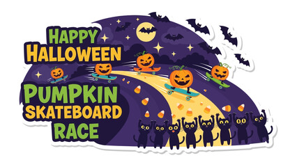 Halloween Pumpkin Skateboard Race: Whimsical illustration depicting pumpkins skateboarding in a festive race against the backdrop of a Halloween night with adorable black cat cheering them.