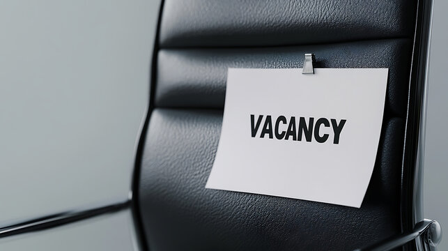 Office chair with a "Vacancy" notice attached, suggesting a job opening or available position within a company. The image uses a minimalistic aesthetic.