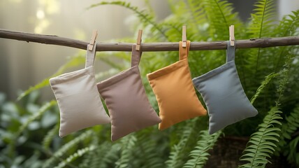 Reusable snack bags hanging on a branch with fern in the background