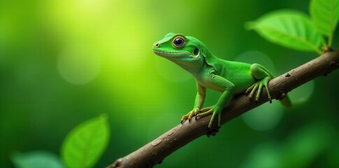 Emerald lizard clings to branch, lush green bokeh, vibrant, stock, colorful