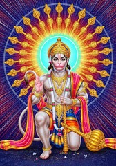 Lord Hanuman kneeling with divine aura and mace vibrant Hindu deity illustration.