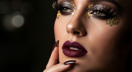 Close-up portrait of a woman with dramatic eye makeup, gold leaf accents, and dark plum lipstick. Concept for beauty editorials, high fashion artistry and upscale cosmetics campaign