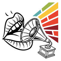 Stylized open lips speaking into an antique gramophone horn with colorful sound waves emanating outwards