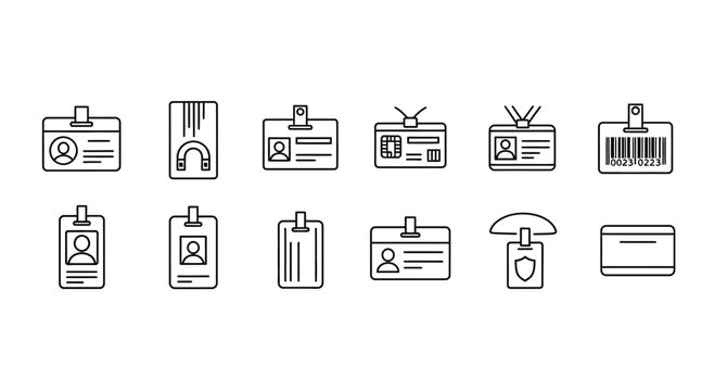Set of various id card and badge icons with lanyards and holders for access control and identification vector