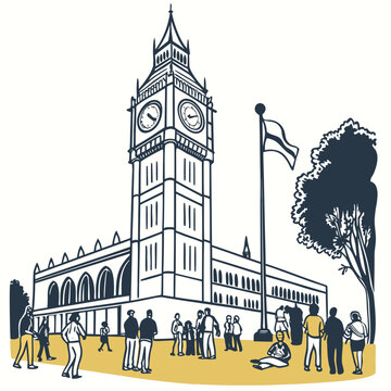 Stylized illustration of big ben and the houses of parliament with people gathered outside on a sunny day