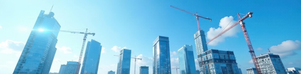Modern high-rise construction underway, cranes dominate clear blue sky , steel, construction