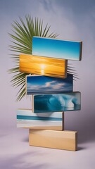 Stacked wooden blocks with beach scenes and a palm leaf