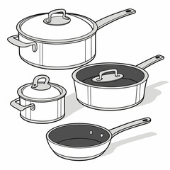 Collection of various kitchen pots and pans with lids and handles presented in a clean isometric illustration style