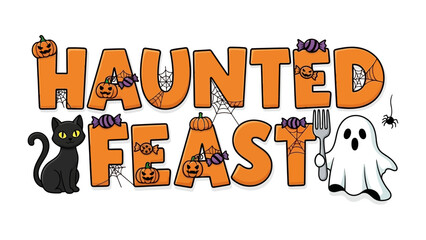 Fototapeta premium Haunted Feast Halloween Themed Typography: Spooky title card for Halloween night featuring a festive combination of a black cat, spider and ghost