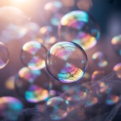 Closeup of iridescent soap bubbles reflecting light and color