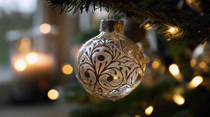 A beautifully crafted glass Christmas ornament, intricately designed with delicate patterns, hanging from a pine branch. The ornament reflects the warm glow of nearby fairy lights, creating a magical 