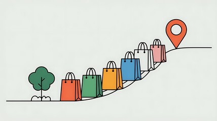 Shopping bags on path to location pin isolated on white background