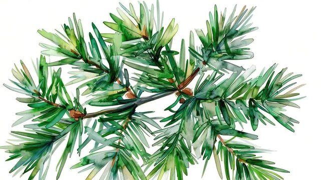Video clip Watercolor illustration of a pine tree branch with intricate details and soft colors