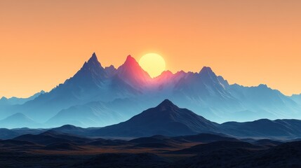 Sunrise over Majestic Peaks: A breathtaking panorama unfolds as the sun ascends over towering mountain ranges, its golden light painting the sky. A scene of solitude and grandness.