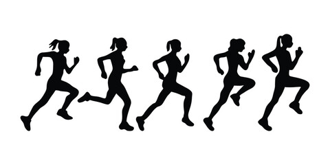 Running Woman Silhouette Vector Set. Female Jogger Illustrations. Female Runner Silhouette Vector. Athletic Woman Running Poses