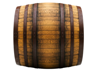 Old wooden barrel with rusted metal bands for aging beverages on a transparent background