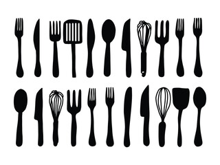 Kitchen Utensils Silhouette Vector Set Cooking Tools Icons. Black Kitchen Tools Vector. Spoon, Fork, Knife, Whisk Silhouettes