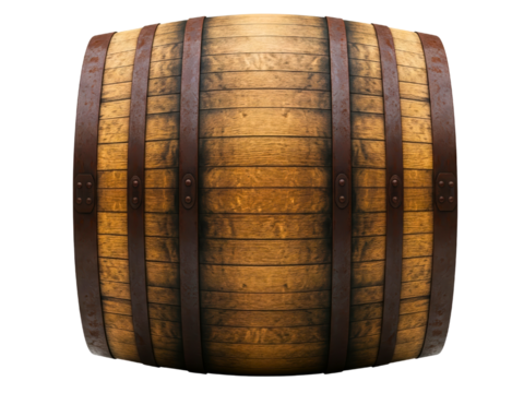 Old wooden barrel with rusted metal bands for aging beverages on a transparent background