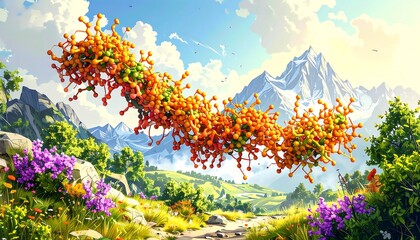 Colorful organic structure in a scenic landscape