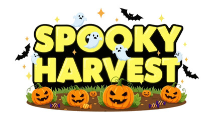 Spooky Harvest Illustration: A whimsical and enchanting illustration captures the essence of the Halloween season with pumpkins, bats and ghost against a night scene.