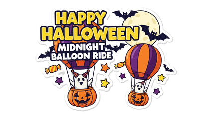 Halloween Balloon Ride: Spooky silhouettes dance in the night as a whimsical balloon ride offers a thrilling adventure under a festive full moon. The celebration.