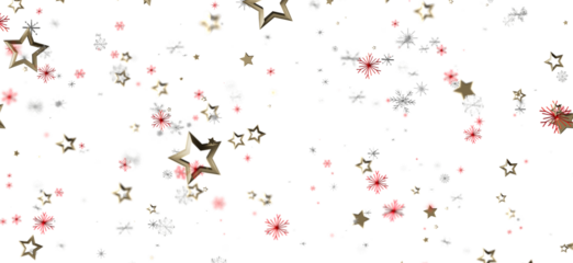 Holiday background featuring floating golden stars and snowflakes over a white background. Perfect for Christmas, New Year, festive greetings an