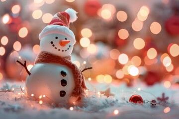 Cheerful snowman wearing a red and white hat and a cozy scarf among twinkling holiday lights and festive decorations. Copy space
