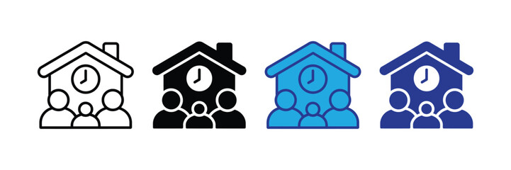 Group of people in front of a house with a clock on it, representing education or community meeting, isolated on transparent background